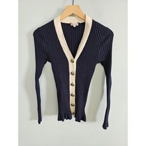 Boston Proper Women's Small Navy Blue Button Up Ribbed Cardigan Sweater